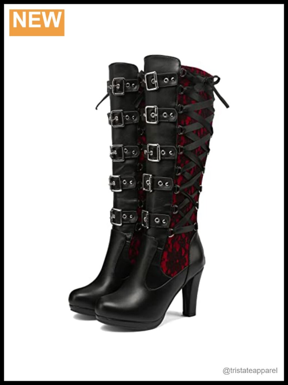 Goth Lace Up Knee High Block Heel Boots Buckle Zipper Punk